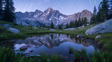 Reflections in mountain lakes at night, incorporating star trails to add a celestial and majestic touch to the scene