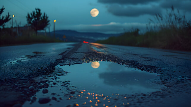 Surreal scenes with moonlit reflections in puddles, creating dreamlike and mysterious compositions