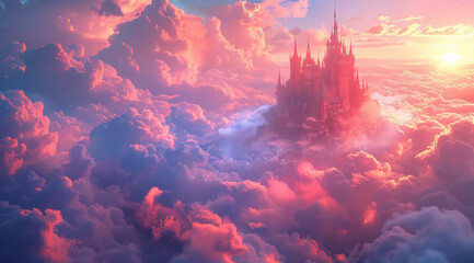 Majestic fantasy castle amid a dreamlike cloudscape with a sunrise backdrop,ai generated