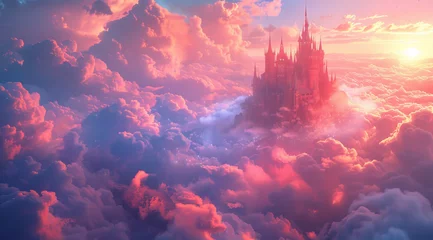 Deurstickers Majestic fantasy castle amid a dreamlike cloudscape with a sunrise backdrop,ai generated © Rajesh