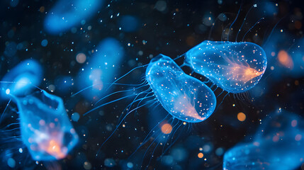 Nocturnal bioluminescent plankton displays, capturing the magical glow of these tiny organisms in the dark sea - obrazy, fototapety, plakaty