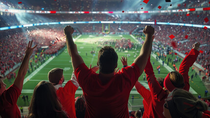 Excited Sports Fans, Rear View of Cheering Football Supporters  in Stadium - obrazy, fototapety, plakaty