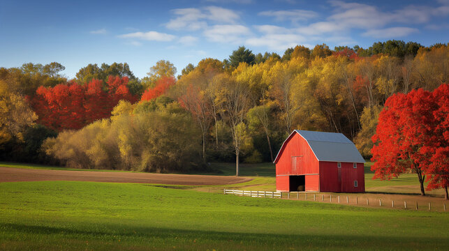 Long-distance photograph of a red barn in a farm. Generative AI.