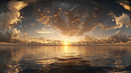 High resolution HDRI environmental map at sunrise, spherical panorama, dark golden sky over calm water. 3d background