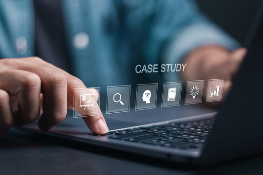 Case study education concept. Person use laptop with case study icon on virtual screen for analysis of the situation to find a solution.