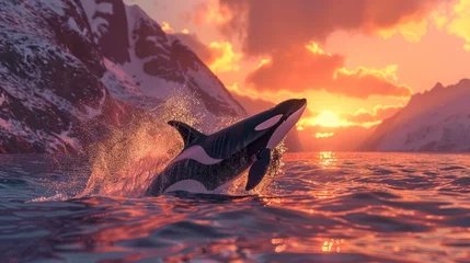 Foto op Plexiglas Killer whale aka Orca jumping from the water at sunset. Ai generated © paryati