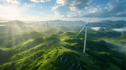 Situated above verdant hills are wind turbines, 
 Generative Ai.