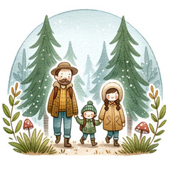 Naklejka premium a family walking together in the forest, symbolizing adventure and family time, in a watercolor style. PNG, 300dpi