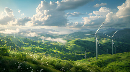 Situated above verdant hills are wind turbines, 
 Generative Ai. - obrazy, fototapety, plakaty