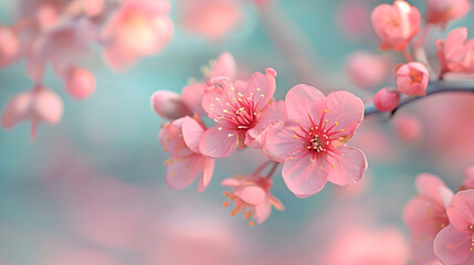 Close-up shots of spring blossoms, emphasizing soft pastel tones to evoke a gentle and serene mood