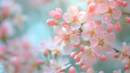 Close-up shots of spring blossoms, emphasizing soft pastel tones to evoke a gentle and serene mood
