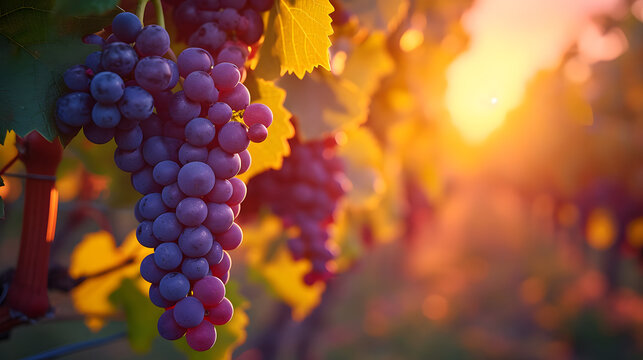 Cinematic sunsets through grape clusters in vineyards, creating a blend of natural beauty and viticulture