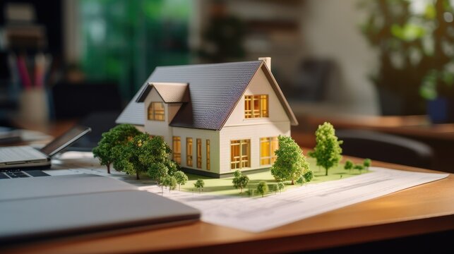 a concept holo 3d render model of a small living house on a table in a real estate agency. mortgage contract document and demonstrating business