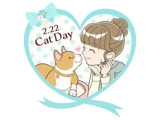 猫の日フレーム　ラブラブな猫と飼い主女性