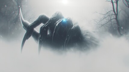 A terrifying giant black hand reached out from the foggy jungle - obrazy, fototapety, plakaty