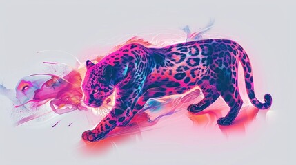 Digital painting of a black panther with Neon Glitch art, on a white background. Generative AI - obrazy, fototapety, plakaty