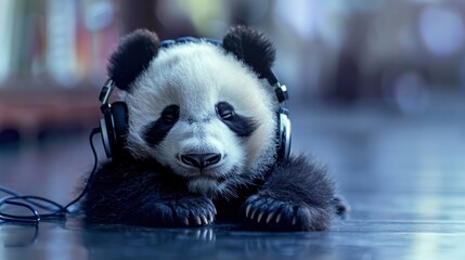 Fototapeta premium A cute panda wearing headphones listens to music while lying on the floor. AI generated