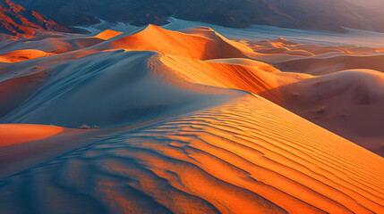 Abstract patterns in sand dunes during the golden hour, emphasizing the play of light and shadows...