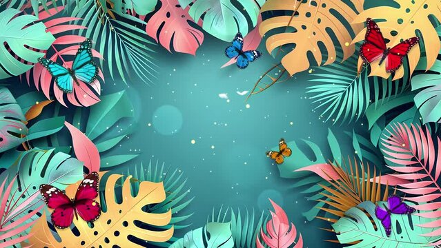 green background with exotic jungle tropical palm leaves in summer. seamless looping overlay 4k virtual video animation background