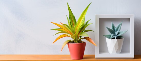 There are two potted plants placed on a shelf next to a decorative picture frame