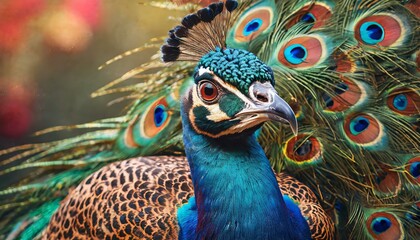 Majestic Fusion: A Blue and Red Cheetah Adorned in Peacock Feathers"