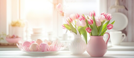 Beautiful pink tulips arranged with colorful Easter eggs for a festive spring or Easter celebration