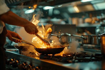 Professional chef cooking in high-end restaurant kitchen, showcasing culinary expertise and ambiance.