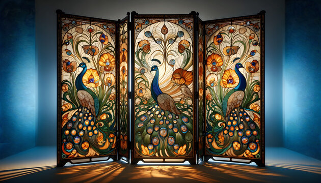 a beautiful lit folding screen, featuring an intricate Art Nouveau design of peacocks adorned with jewel glass inlays, peacocks are depicted with elaborate feathers