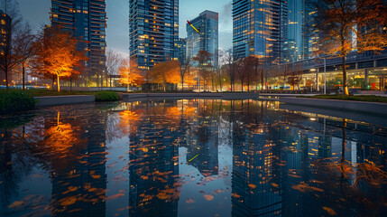 Urban ponds or water features, capturing vibrant reflections of city buildings and lights against the water's surface