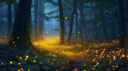 The enchanting glow of fireflies in dark forests, creating magical and atmospheric scenes