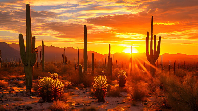 The iconic silhouette of a cactus forest against the warm hues of a desert sunset