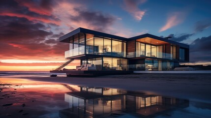 Beautiful glass home on an ocean beach at sunset. Luxury house