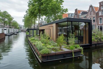 Obraz premium Suburban residence with a floating garden on the canal redefining modern living in the heart of Amsterdam
