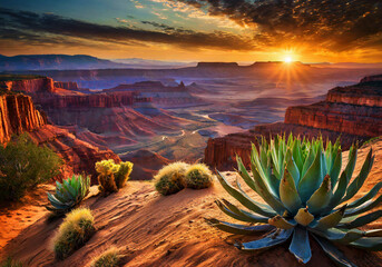 sunset over desert landscape with canyon and cactus trees - Powered by Adobe