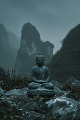 A buddha statue in front of mountains