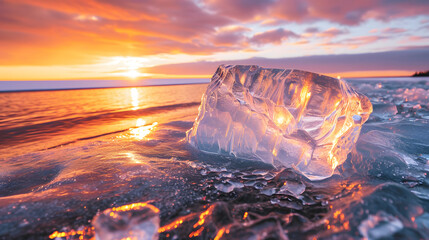 Frozen bodies of water at sunset, capturing the sculptural qualities of ice formations in warm evening light - Powered by Adobe
