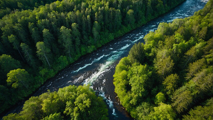River running through forest aerial 