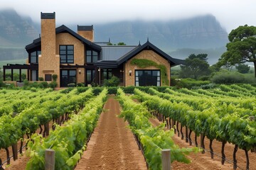 Fototapeta na wymiar A Cape Town vineyard vista embraces a craftsman-style house
