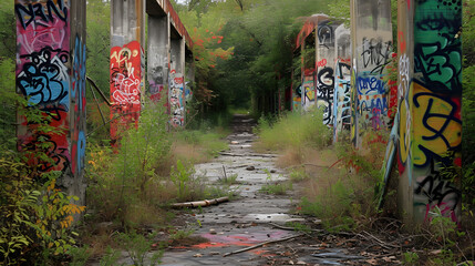 Find urban spaces adorned with graffiti and incorporate them into nature scenes, merging the raw...