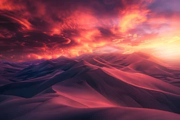 Gordijnen A breathtaking wallpaper design showcasing the beauty of a desert landscape at golden hour, with towering sand dunes glowing in the warm evening light, Generative AI © Formatikastd