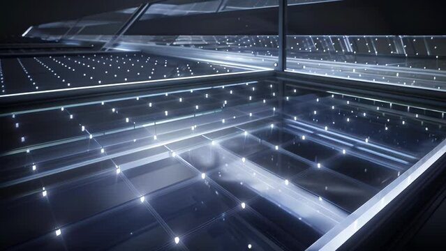 A zoomedin image of the solar panel component of the system with the various layers of luminescent material and lightreflecting elements clearly visible.