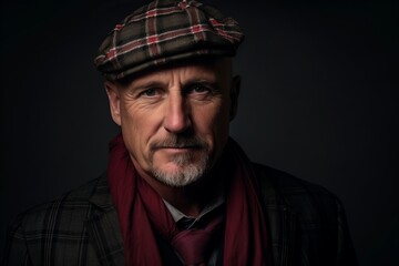 Portrait of an elderly man with a gray beard and a red scarf.