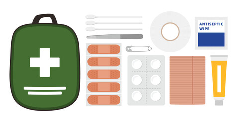 Travel first aid kit flat vector illustration set. Small pouch with various medical items including bandages, ointment and medication. 