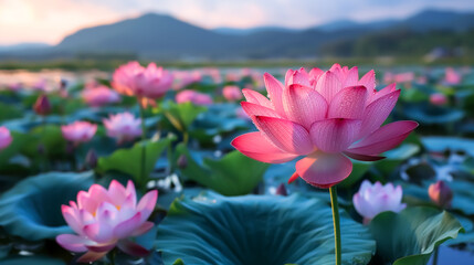 Capturing the Splendor of Nature: Morning Lotus Blooms. - obrazy, fototapety, plakaty