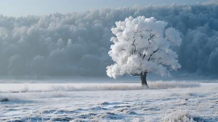 Winter landscapes after a frost, capturing the sparkling beauty of frost-covered trees and...