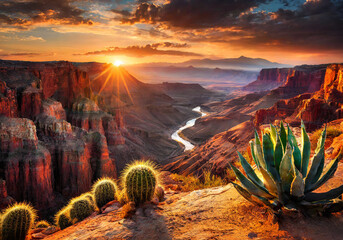 sunset over desert landscape with canyon and cactus trees