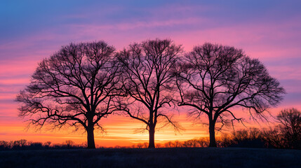 Fototapeta na wymiar The silhouette of trees against a colorful sunset sky. Experiment with different tree shapes and compositions