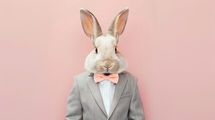 Obraz premium A sophisticated rabbit, posed in a light grey suit with a pastel bow tie, presents a dashing image of charm against a soft pink backdrop, merging the animal kingdom with the elegance of high society.