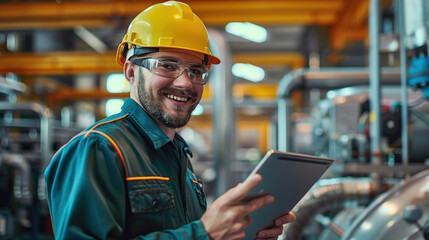 industry worker is using tablet in factory while smiling a the camera. Generative AI