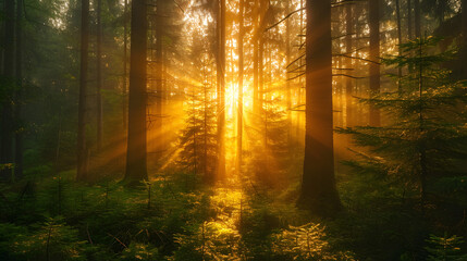 The magical atmosphere of forests during the golden hour. The warm sunlight filtering through the trees can create a fairy-tale-like setting